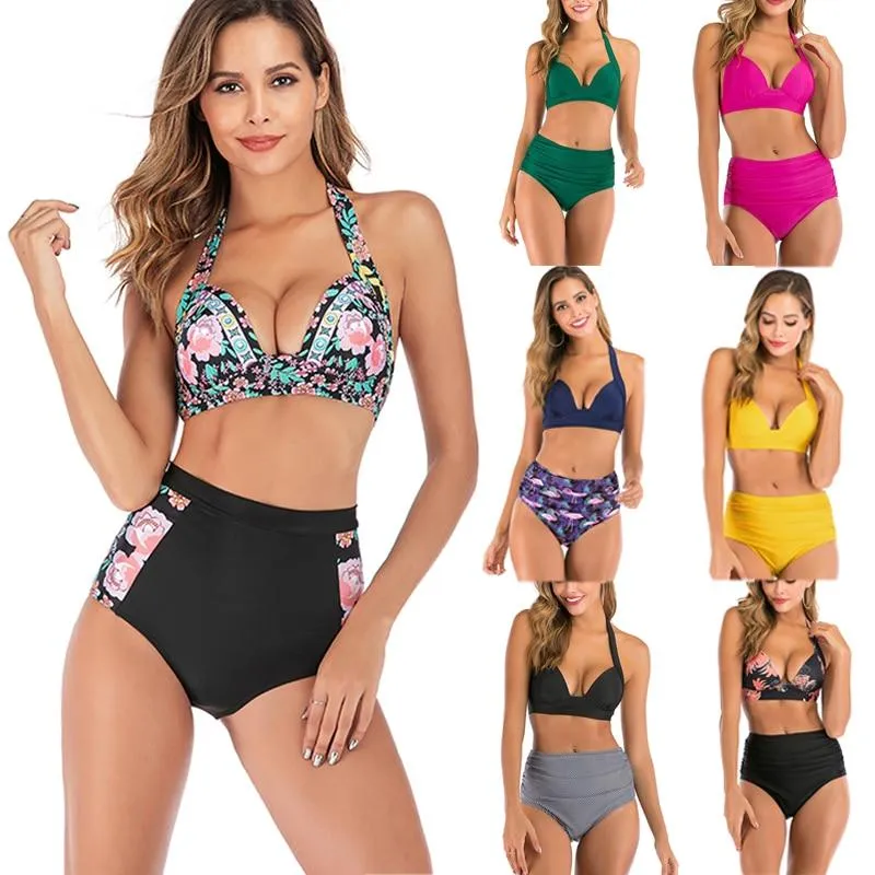 2020 new swimsuit multi color sexy solid color printing high waist split Swimsuit Bikini suit women's Beach swimsuit