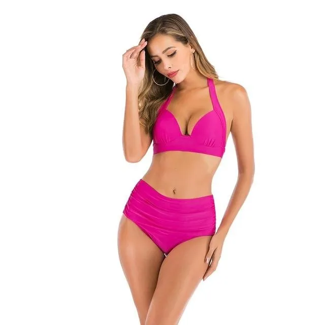 2020 new swimsuit multi color sexy solid color printing high waist split Swimsuit Bikini suit women's Beach swimsuit