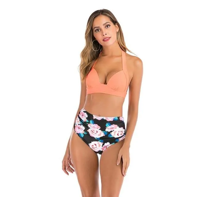 2020 new swimsuit multi color sexy solid color printing high waist split Swimsuit Bikini suit women's Beach swimsuit
