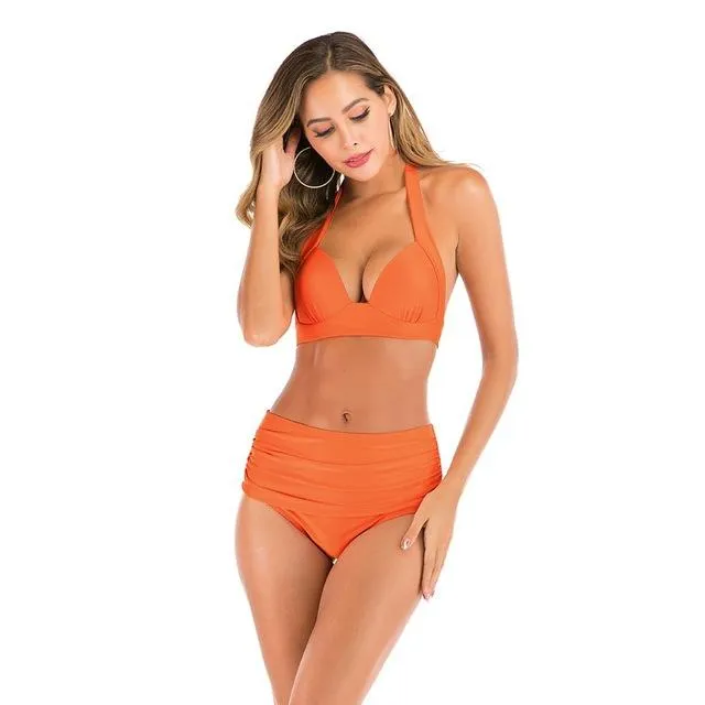 2020 new swimsuit multi color sexy solid color printing high waist split Swimsuit Bikini suit women's Beach swimsuit