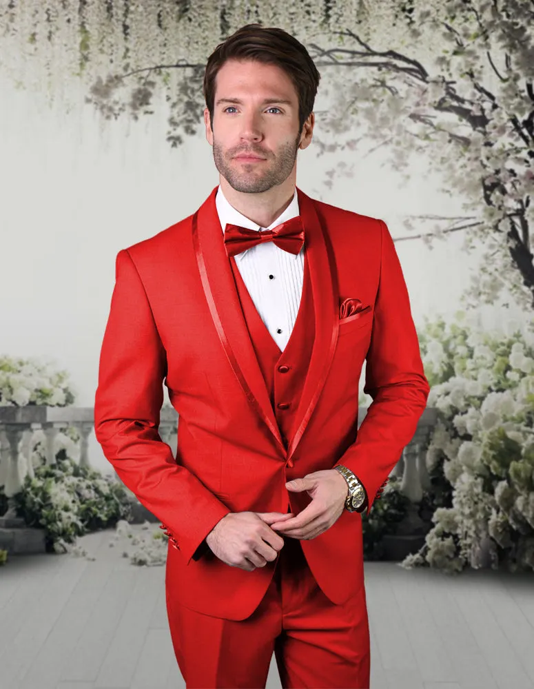 3 Pc Flat Front Pants With Matching Bow Tie| CAESAR| Red