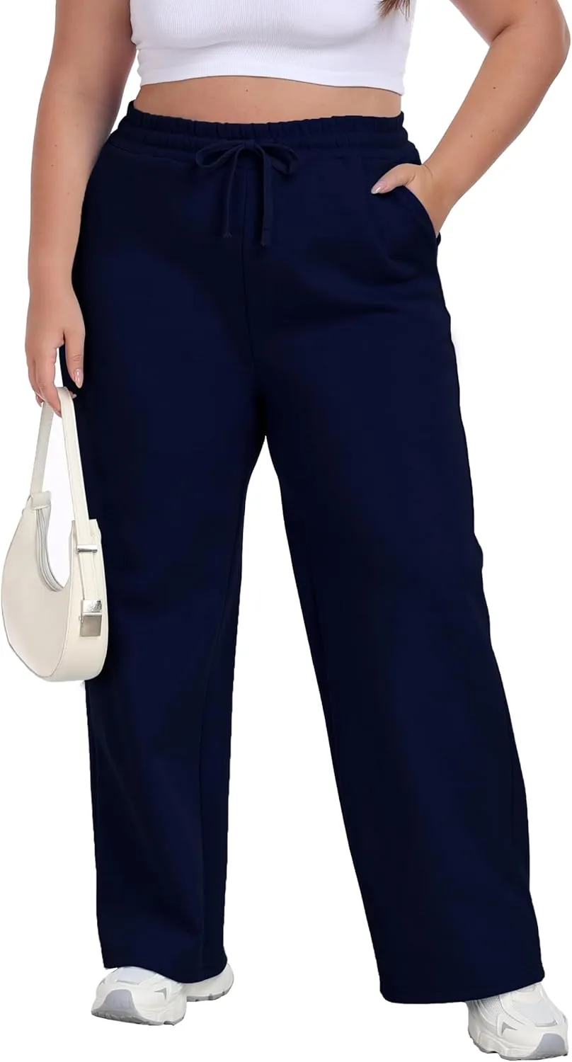 A-Wintage Women's Plus Size Wide Leg Sweatpants Elastic Waist Baggy Drawstring Lounge Pants with Pockets