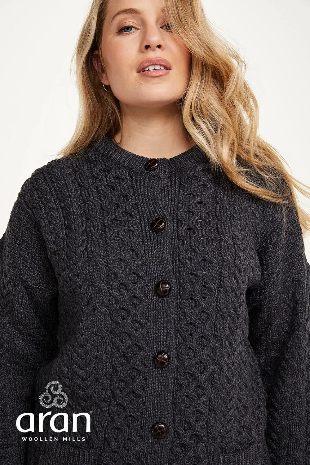 Achill Women's Irish Cable Knit Aran Cardigan, 100% Merino Wool, Made in Ireland