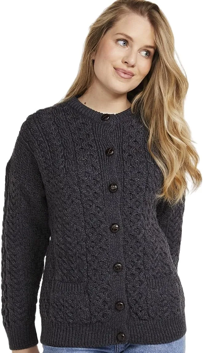 Achill Women's Irish Cable Knit Aran Cardigan, 100% Merino Wool, Made in Ireland