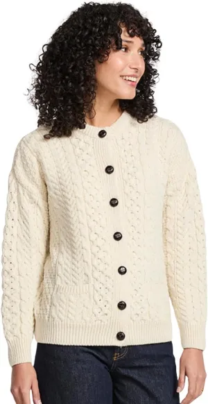 Achill Women's Irish Cable Knit Aran Cardigan, 100% Merino Wool, Made in Ireland