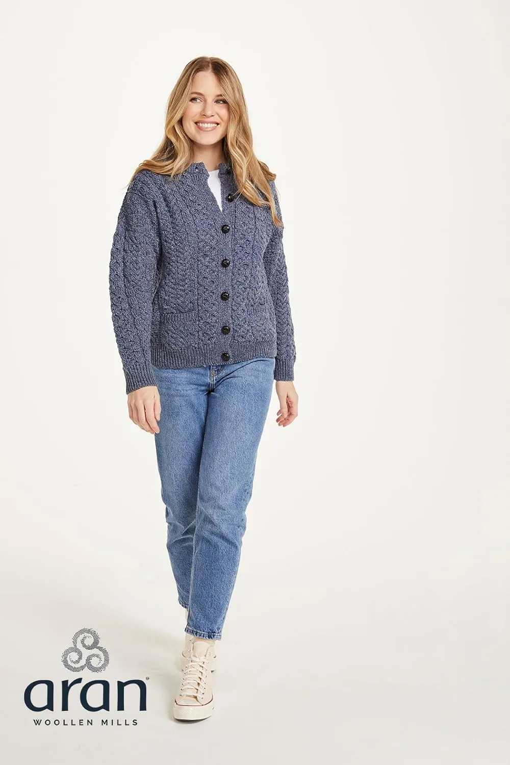Achill Women's Irish Cable Knit Aran Cardigan, 100% Merino Wool, Made in Ireland