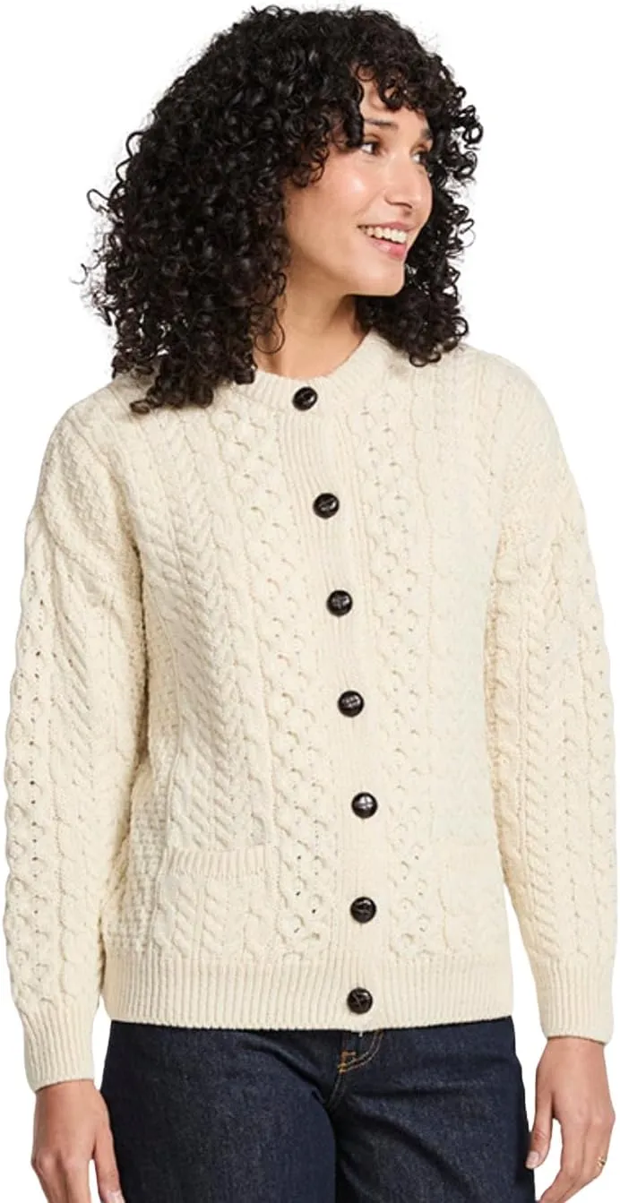 Achill Women's Irish Cable Knit Aran Cardigan, 100% Merino Wool, Made in Ireland