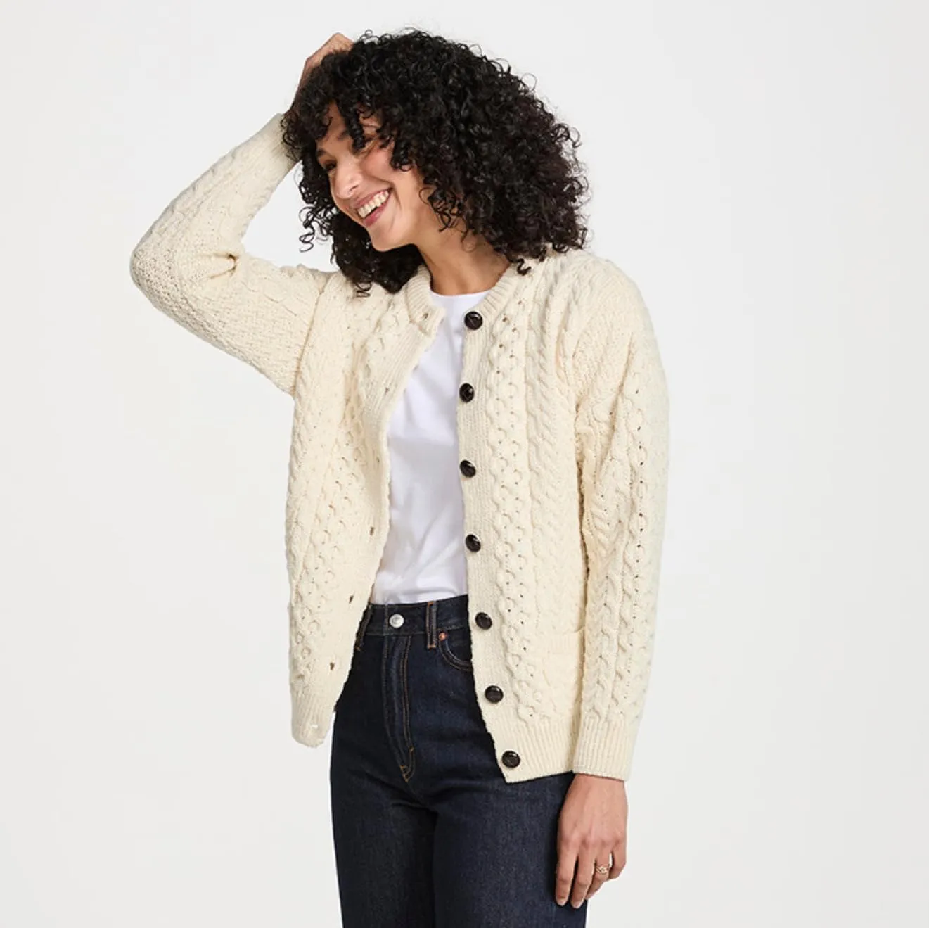 Achill Women's Irish Cable Knit Aran Cardigan, 100% Merino Wool, Made in Ireland