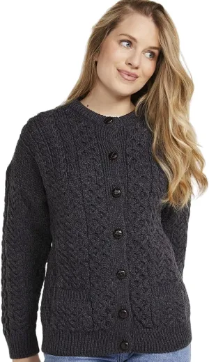 Achill Women's Irish Cable Knit Aran Cardigan, 100% Merino Wool, Made in Ireland