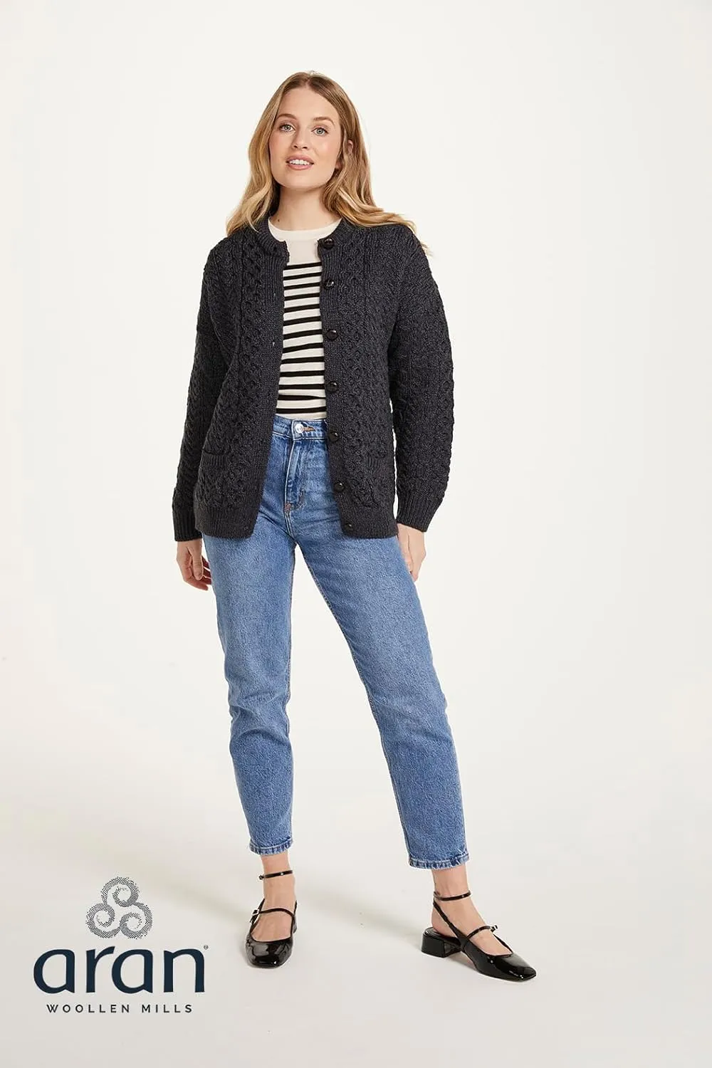 Achill Women's Irish Cable Knit Aran Cardigan, 100% Merino Wool, Made in Ireland
