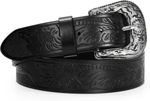 Adjustable Vintage Western Belts for Women Men Cowboy Cowgirl Belt Engraved Buckle Belt for Jeans Pants Dresses