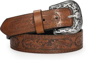 Adjustable Vintage Western Belts for Women Men Cowboy Cowgirl Belt Engraved Buckle Belt for Jeans Pants Dresses