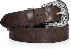 Adjustable Vintage Western Belts for Women Men Cowboy Cowgirl Belt Engraved Buckle Belt for Jeans Pants Dresses