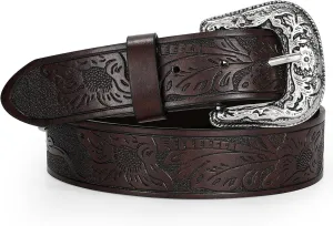 Adjustable Vintage Western Belts for Women Men Cowboy Cowgirl Belt Engraved Buckle Belt for Jeans Pants Dresses