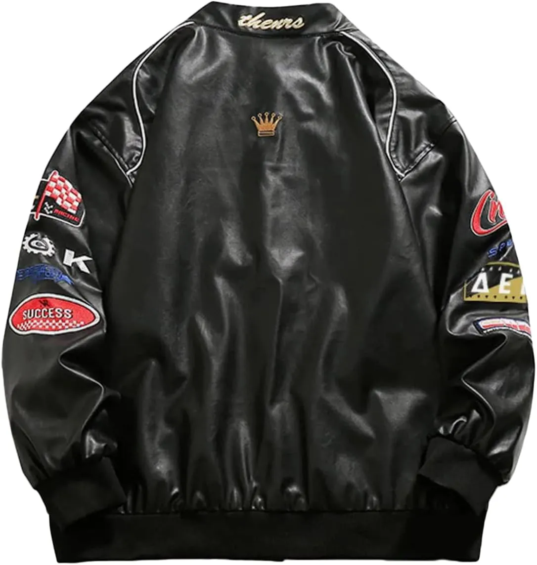 Aelfric Eden Letter-Embroidered Racing Jacket Mens Cool PU Jackets Button Closure Coats