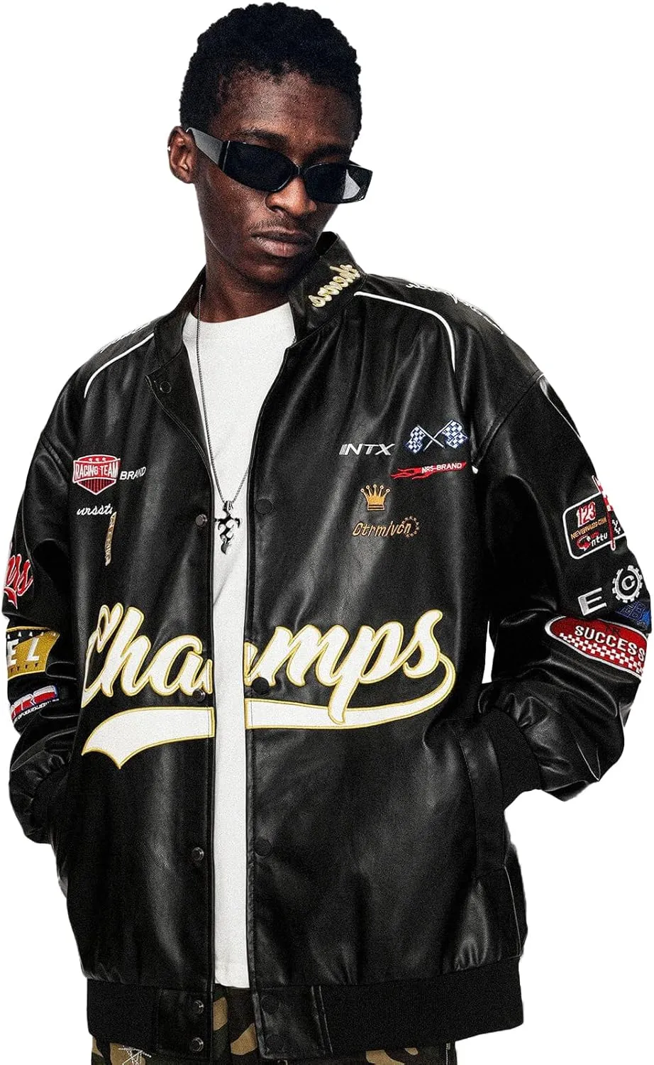 Aelfric Eden Letter-Embroidered Racing Jacket Mens Cool PU Jackets Button Closure Coats