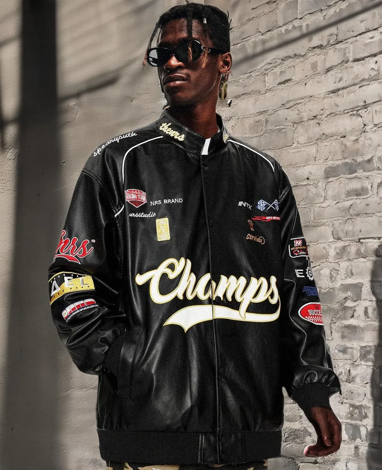 Aelfric Eden Letter-Embroidered Racing Jacket Mens Cool PU Jackets Button Closure Coats
