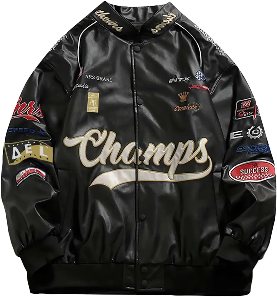 Aelfric Eden Letter-Embroidered Racing Jacket Mens Cool PU Jackets Button Closure Coats
