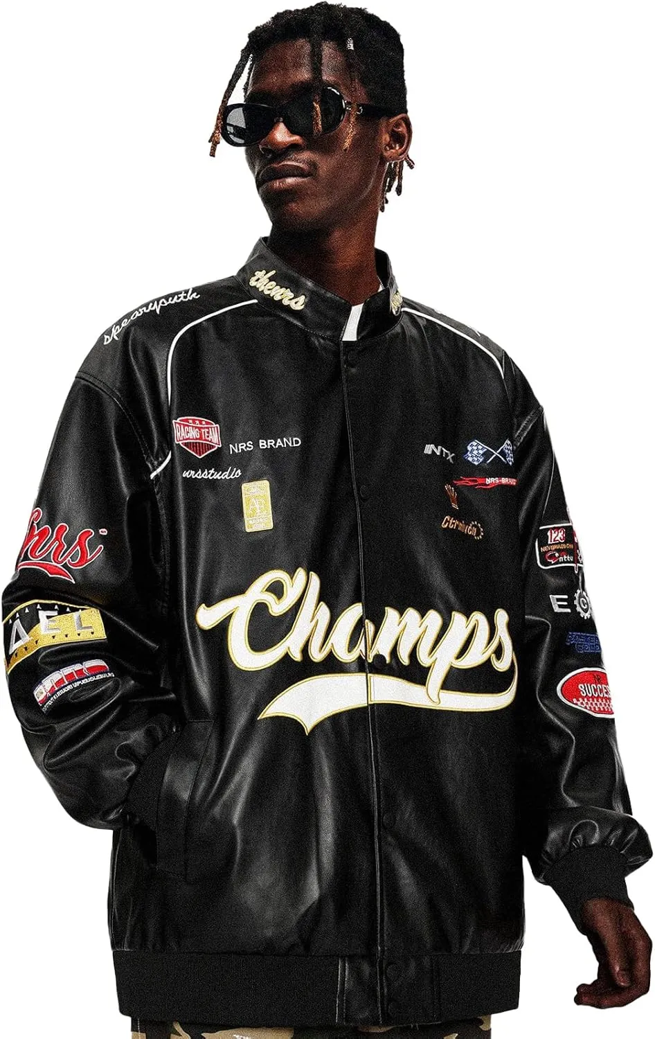 Aelfric Eden Letter-Embroidered Racing Jacket Mens Cool PU Jackets Button Closure Coats