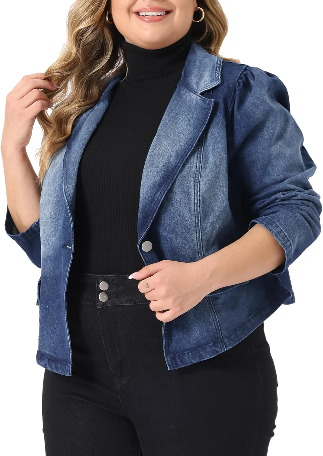 Agnes Orinda Plus Size Denim Jackets for Women Jean Lapel Long Sleeve Casual Work Blazer