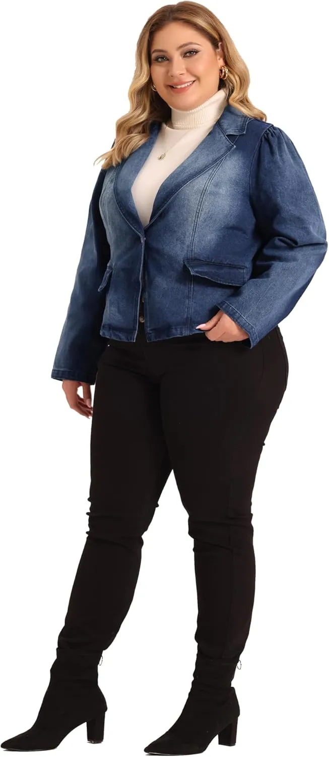 Agnes Orinda Plus Size Denim Jackets for Women Jean Lapel Long Sleeve Casual Work Blazer