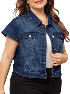 Agnes Orinda Plus Size Short Sleeve Denim Jackets for Women Button Washed Cropped Jean Jacket
