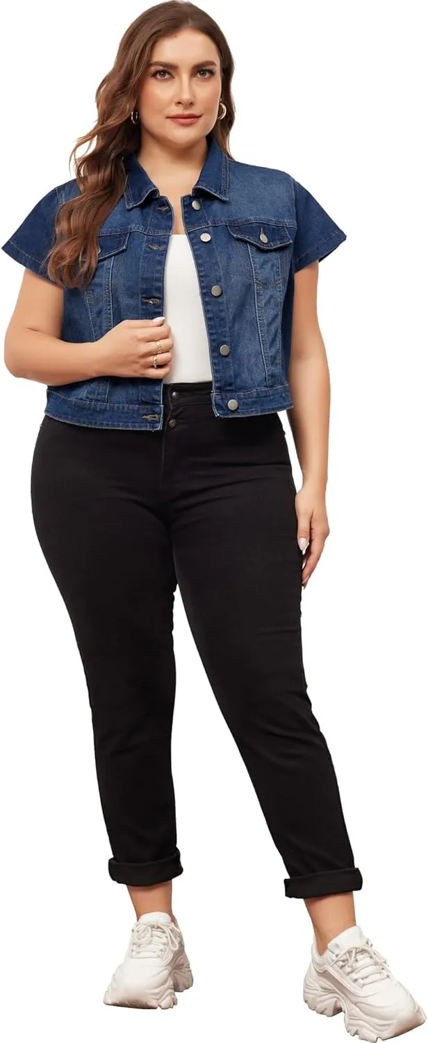 Agnes Orinda Plus Size Short Sleeve Denim Jackets for Women Button Washed Cropped Jean Jacket