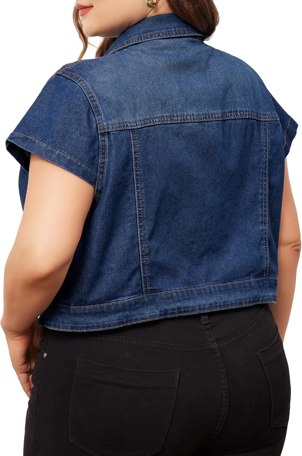 Agnes Orinda Plus Size Short Sleeve Denim Jackets for Women Button Washed Cropped Jean Jacket