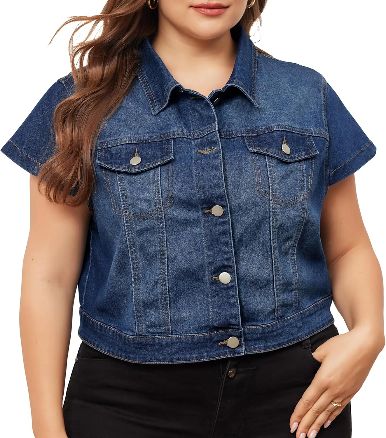 Agnes Orinda Plus Size Short Sleeve Denim Jackets for Women Button Washed Cropped Jean Jacket