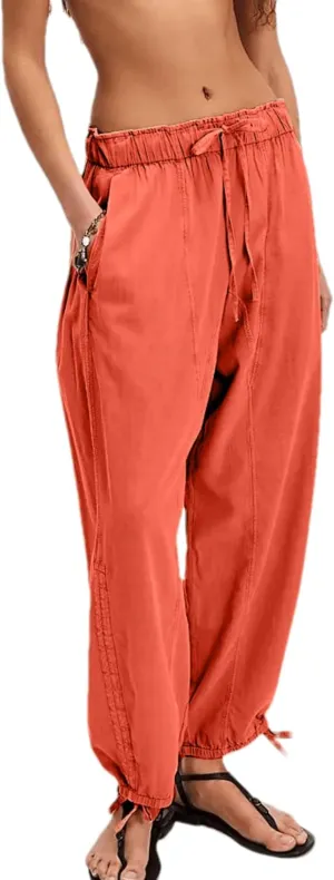 Aimiray Women's Flowy Barrel Pants Wide Leg Cotton Linen Pants Elastic Waisted Drawstring Baggy Trousers with Pockets
