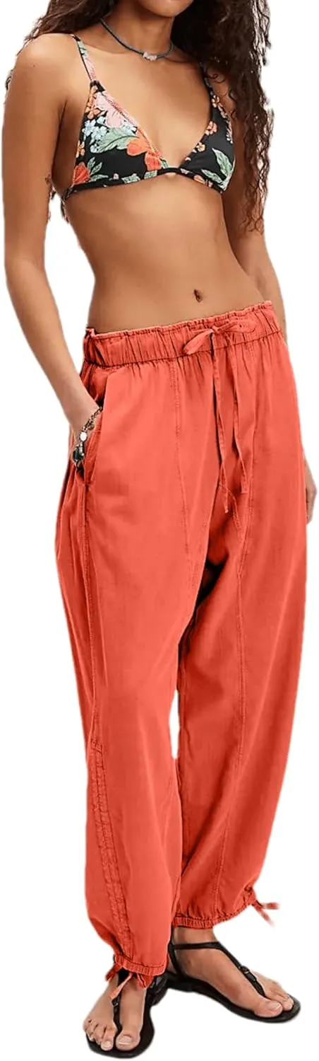 Aimiray Women's Flowy Barrel Pants Wide Leg Cotton Linen Pants Elastic Waisted Drawstring Baggy Trousers with Pockets