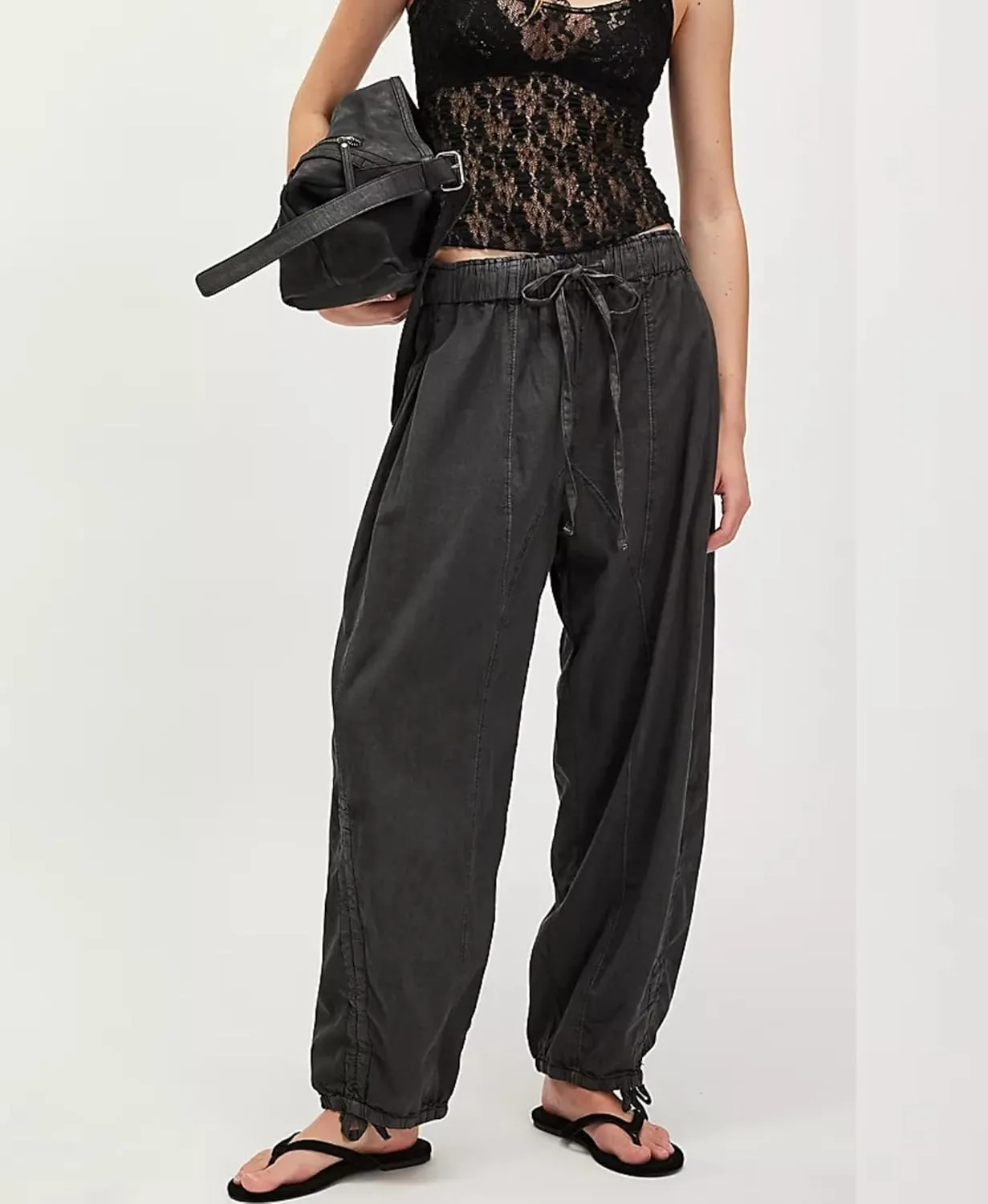 Aimiray Women's Flowy Barrel Pants Wide Leg Cotton Linen Pants Elastic Waisted Drawstring Baggy Trousers with Pockets