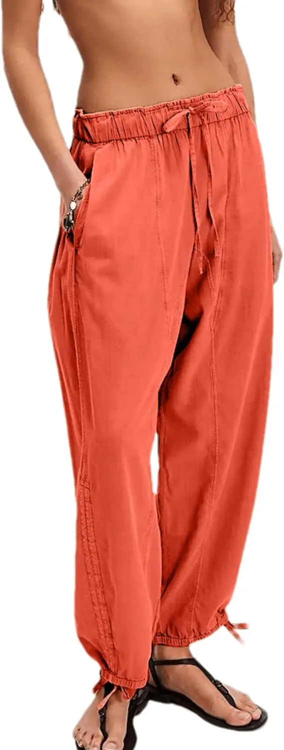 Aimiray Women's Flowy Barrel Pants Wide Leg Cotton Linen Pants Elastic Waisted Drawstring Baggy Trousers with Pockets