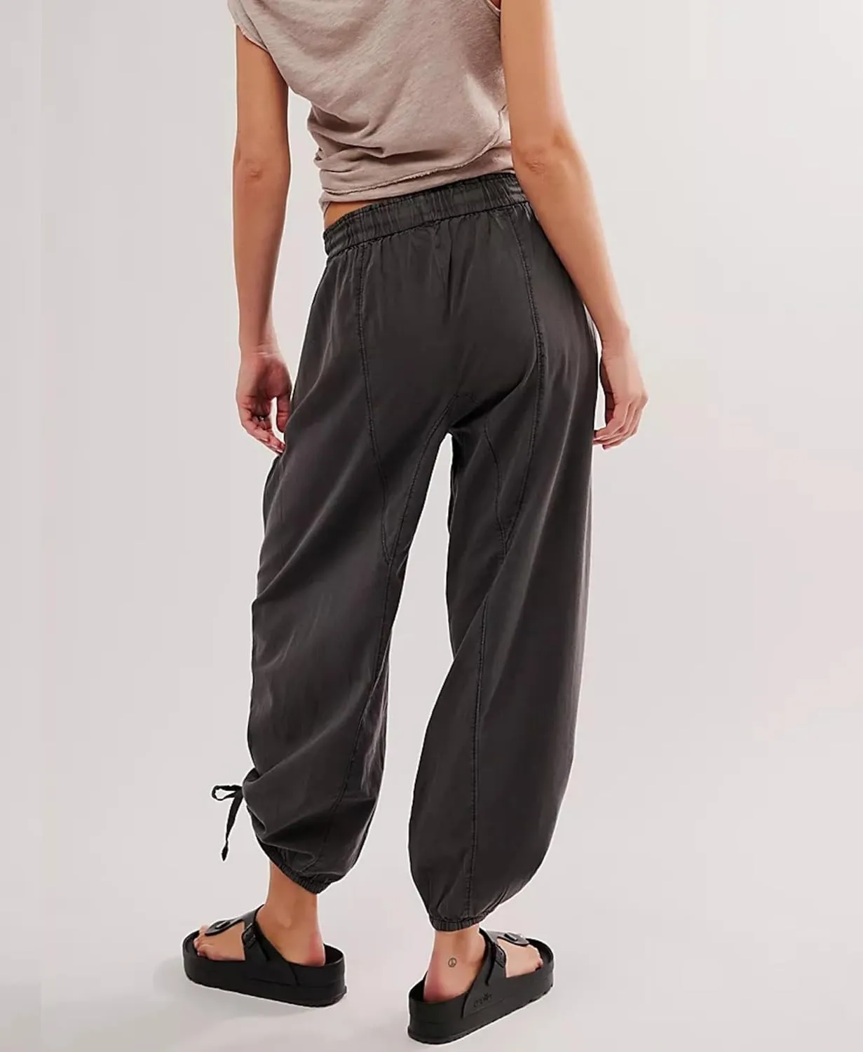 Aimiray Women's Flowy Barrel Pants Wide Leg Cotton Linen Pants Elastic Waisted Drawstring Baggy Trousers with Pockets