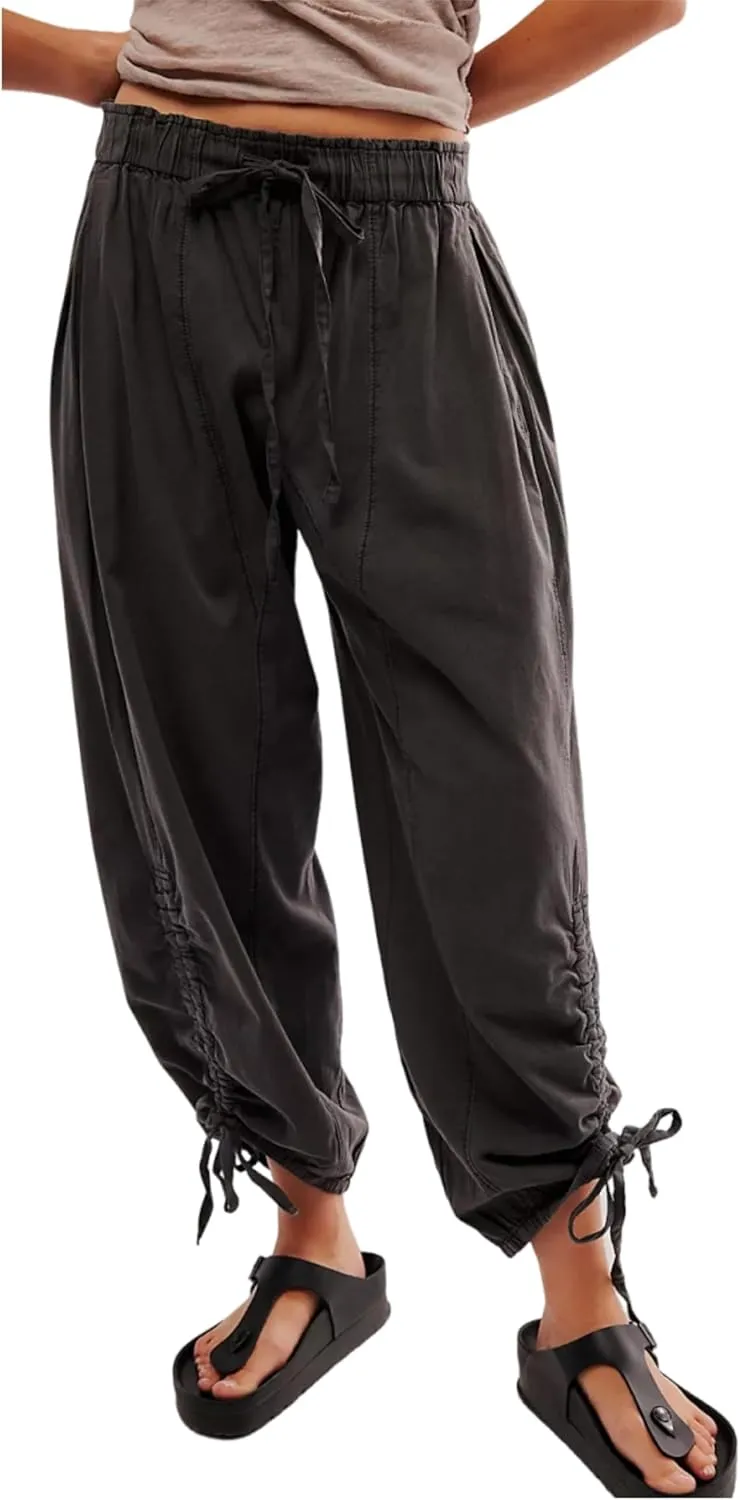 Aimiray Women's Flowy Barrel Pants Wide Leg Cotton Linen Pants Elastic Waisted Drawstring Baggy Trousers with Pockets