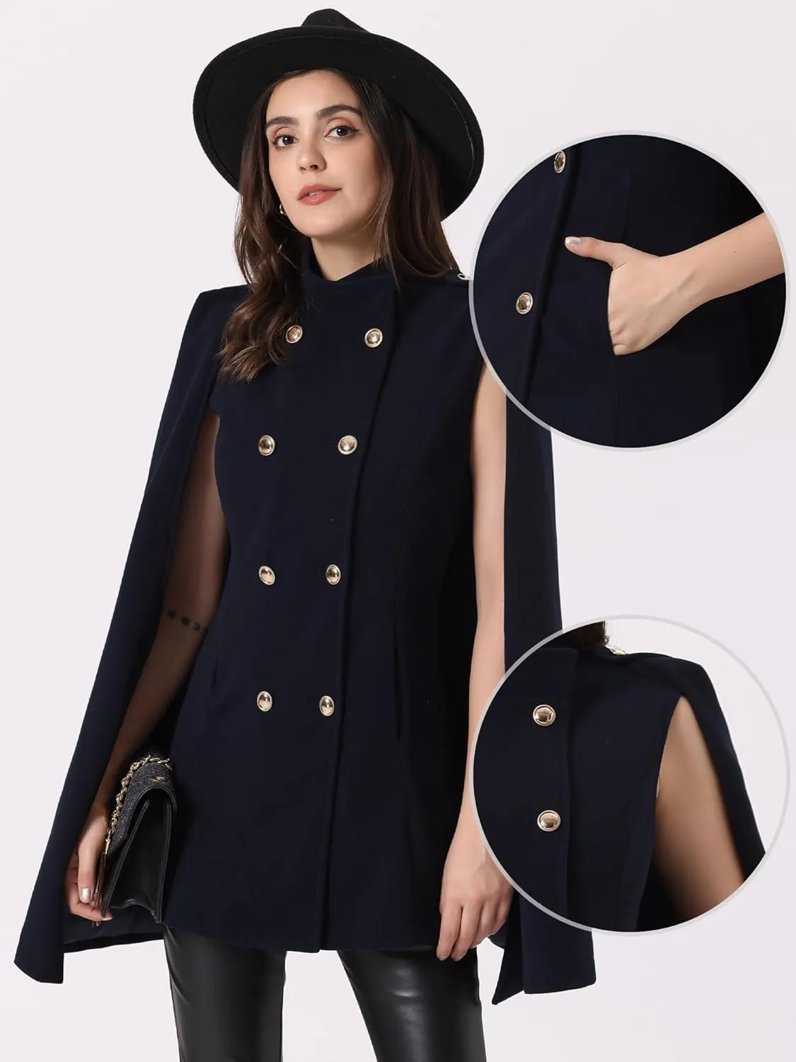 Allegra K Cape Coats for Women's Winter Slit Sleeve Double Breasted Cloak Coat