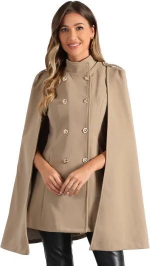 Allegra K Cape Coats for Women's Winter Slit Sleeve Double Breasted Cloak Coat