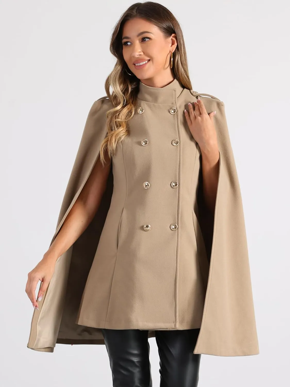 Allegra K Cape Coats for Women's Winter Slit Sleeve Double Breasted Cloak Coat