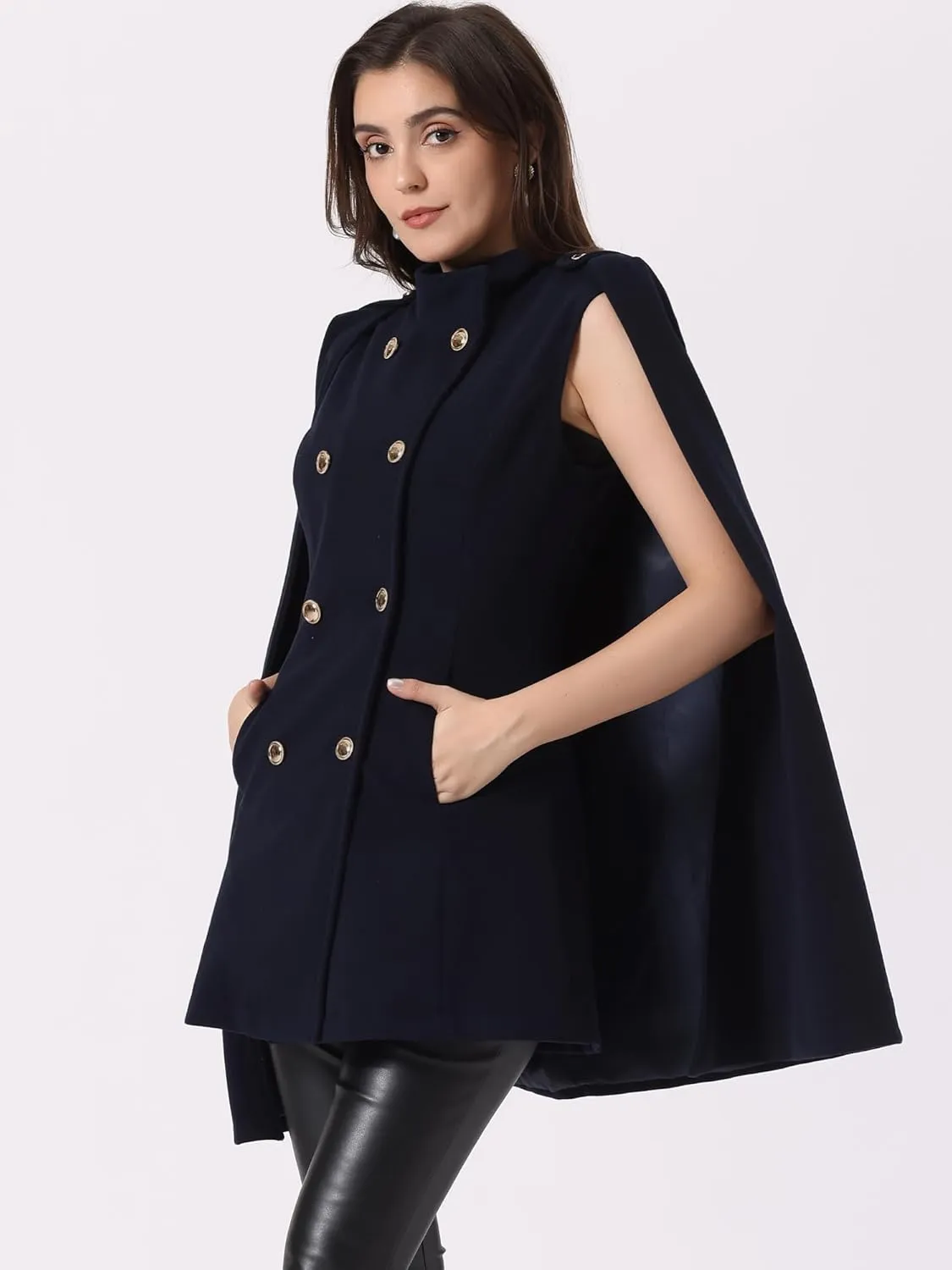 Allegra K Cape Coats for Women's Winter Slit Sleeve Double Breasted Cloak Coat