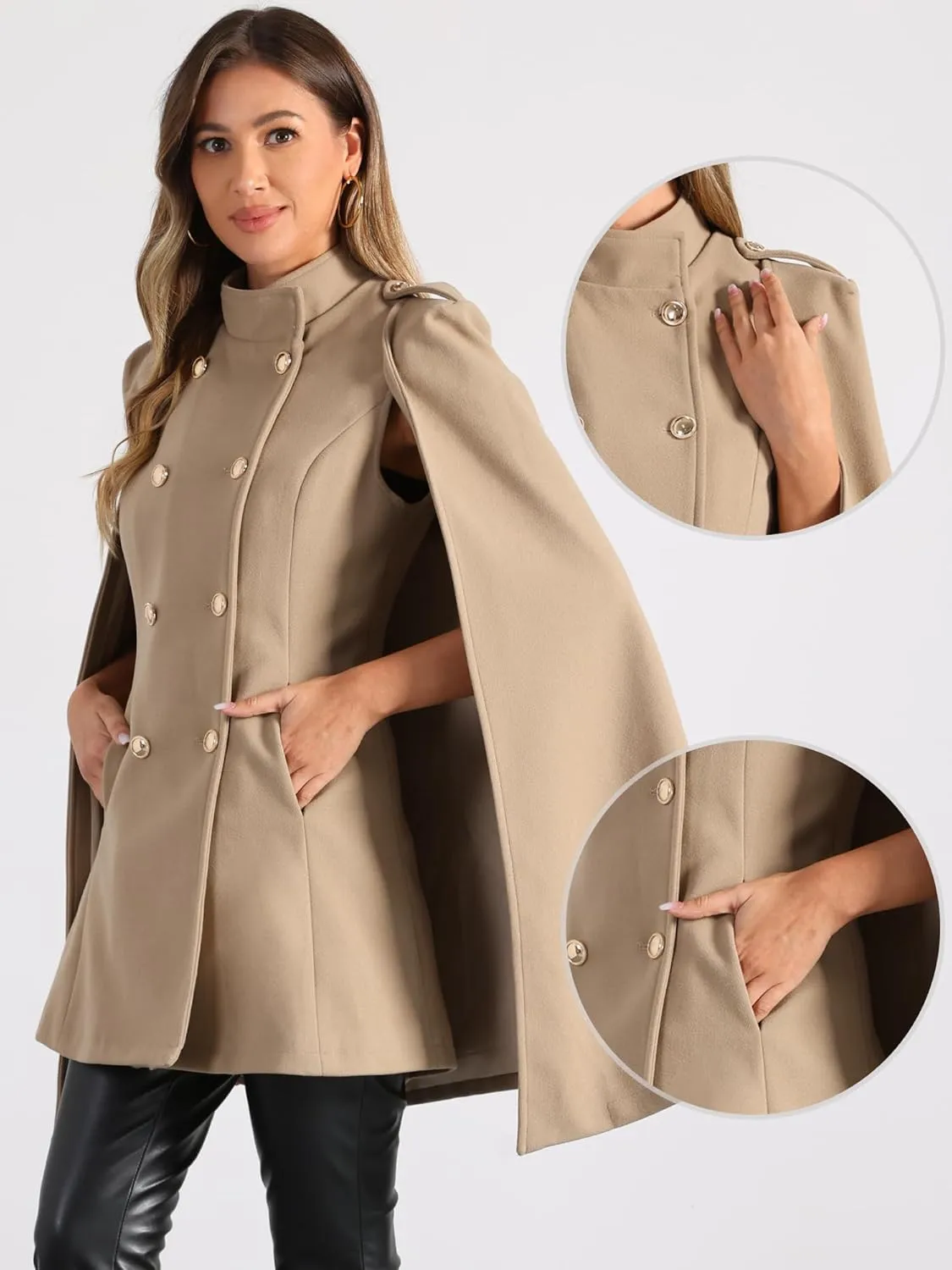 Allegra K Cape Coats for Women's Winter Slit Sleeve Double Breasted Cloak Coat