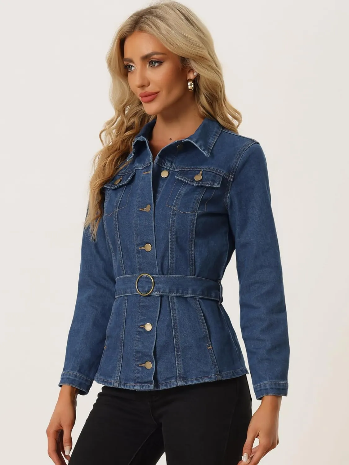 Allegra K Casual Denim Jacket for Women's Button Up Long Sleeve Washed Jean Jackets with Belt
