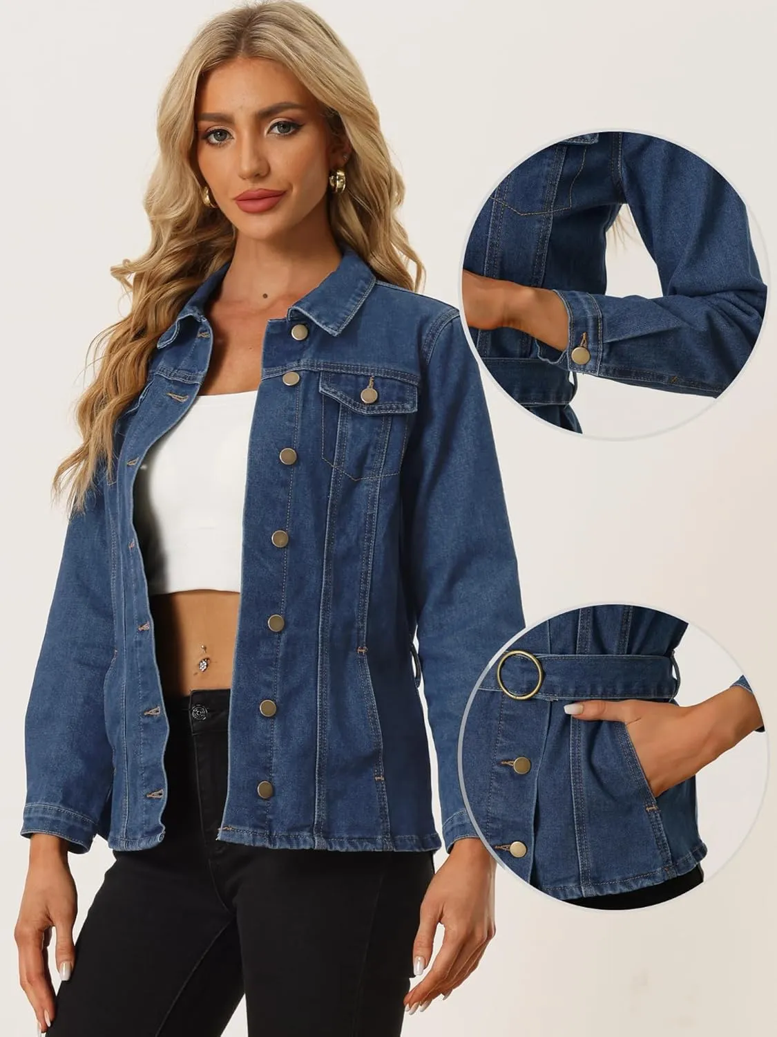 Allegra K Casual Denim Jacket for Women's Button Up Long Sleeve Washed Jean Jackets with Belt