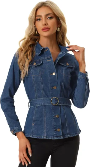 Allegra K Casual Denim Jacket for Women's Button Up Long Sleeve Washed Jean Jackets with Belt