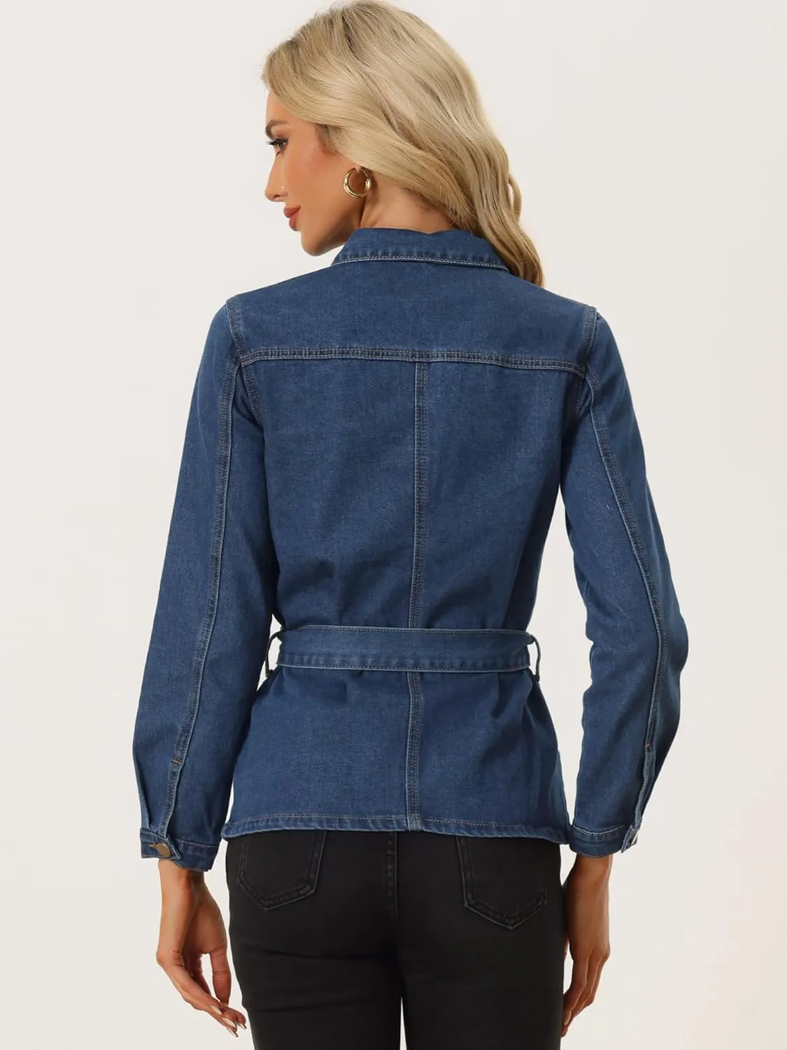 Allegra K Casual Denim Jacket for Women's Button Up Long Sleeve Washed Jean Jackets with Belt