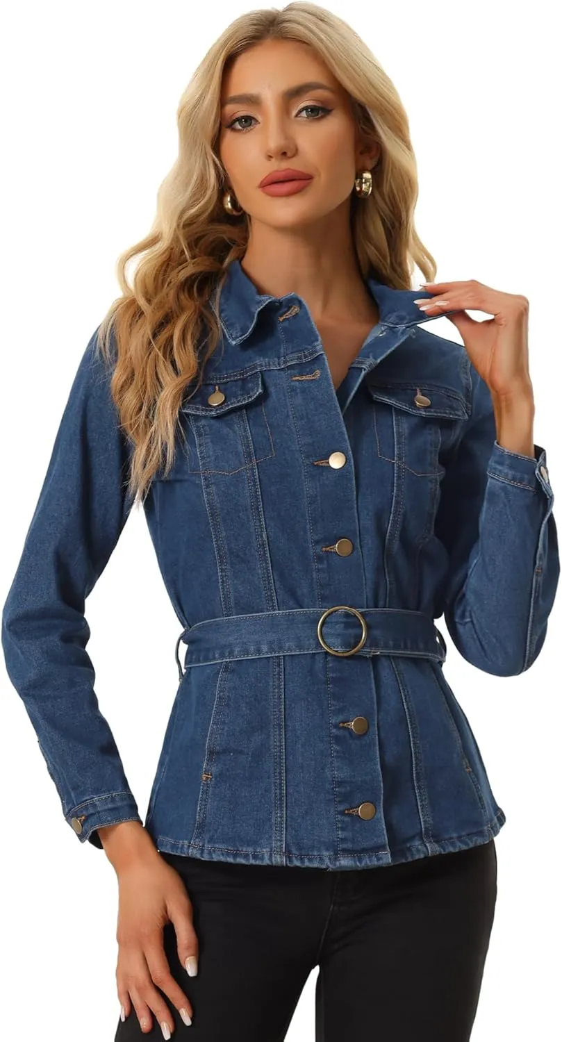 Allegra K Casual Denim Jacket for Women's Button Up Long Sleeve Washed Jean Jackets with Belt