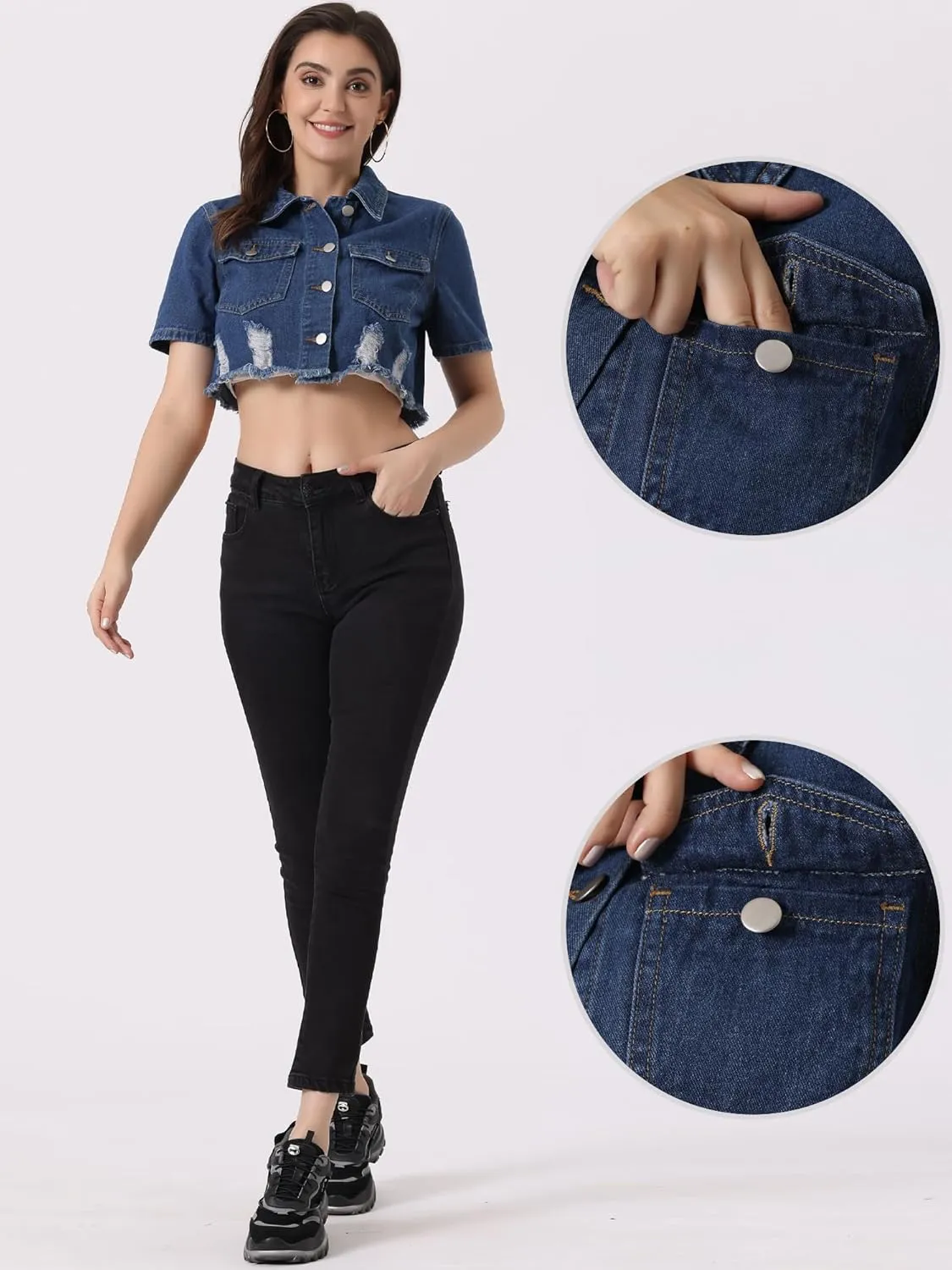 Allegra K Cropped Denim Jacket for Women's Short Sleeve Button Down Frayed Short Jeans Jackets