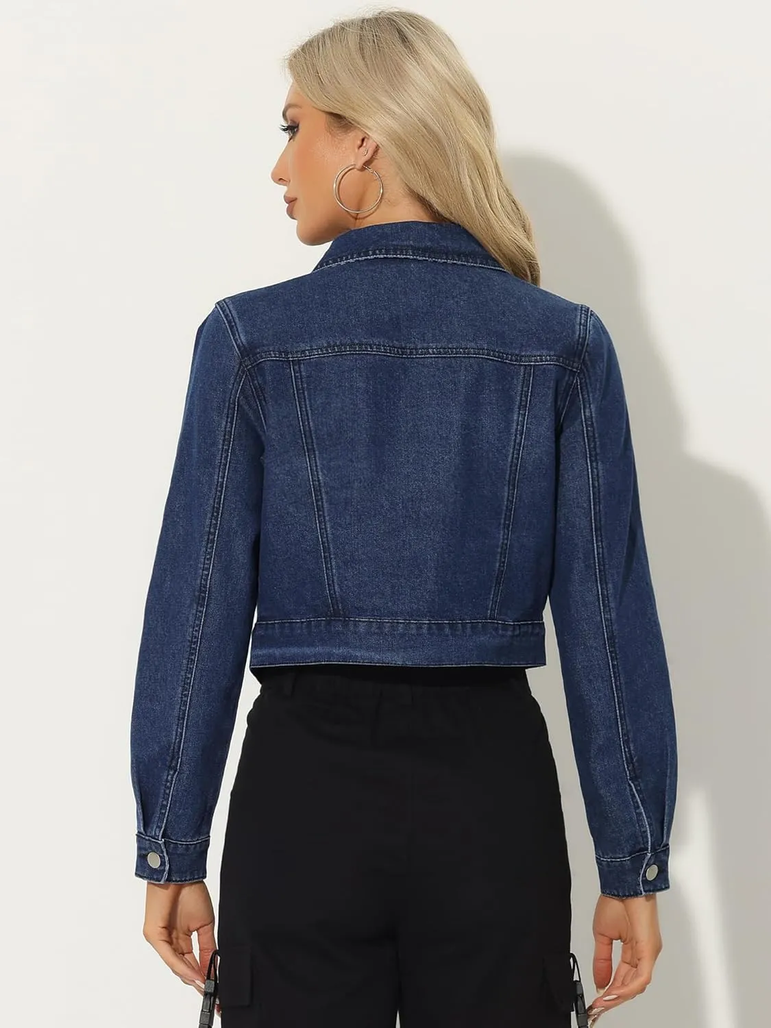 Allegra K Women's Button Down Denim Jacket Check Cuffs Casual Cropped Jean Jackets