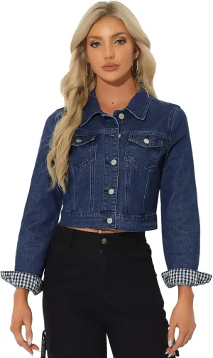 Allegra K Women's Button Down Denim Jacket Check Cuffs Casual Cropped Jean Jackets