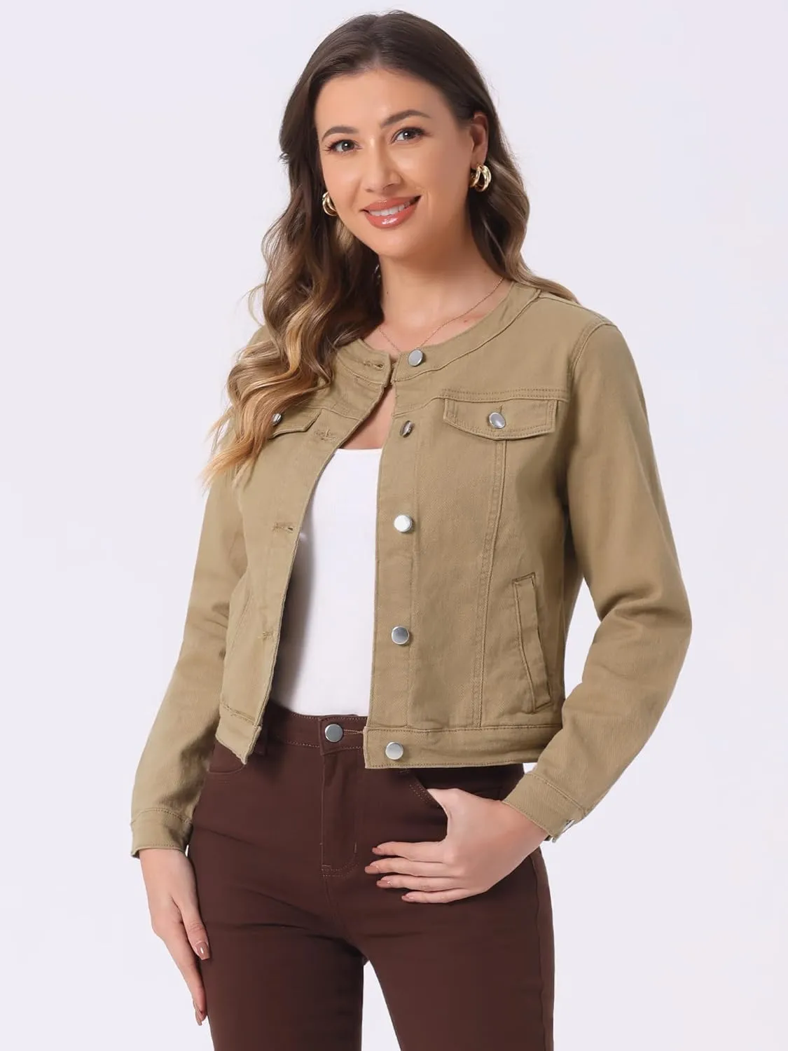 Allegra K Women's Denim Jacket Button Down Collarless Long Sleeve Jean Jackets