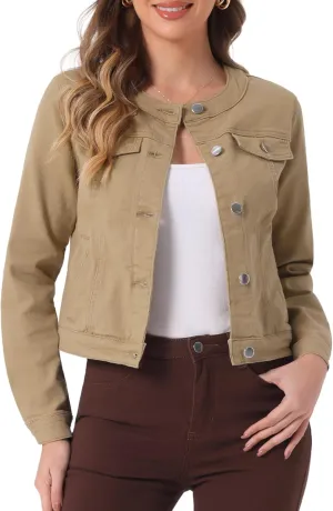 Allegra K Women's Denim Jacket Button Down Collarless Long Sleeve Jean Jackets